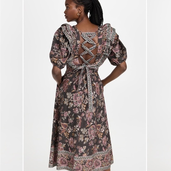 Sea New York Tess Smocked Puff Sleeve Brushed Floral Print Midi Dress Cream - Picture 2 of 16